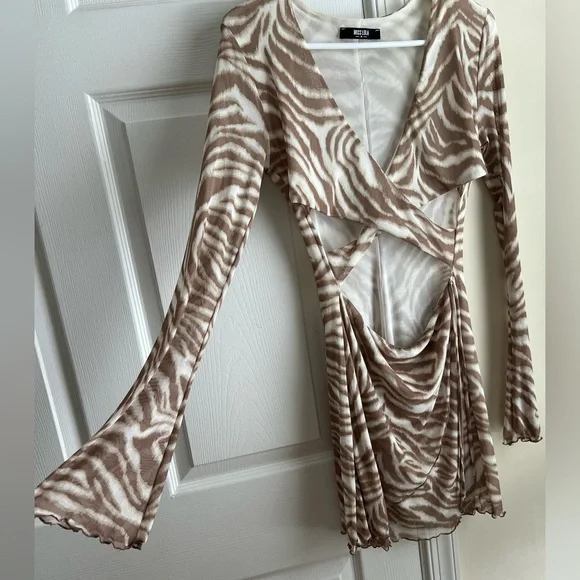 Miss Lola Tan & White Zebra Print Cut Out Mesh Mini Dress Medium - Picture 5 of 9